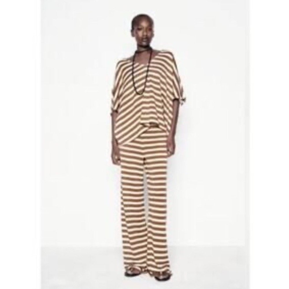 Zara Knit Woven 2 Pc Striped Set Top Pants Brown Cream Women Size‎ S